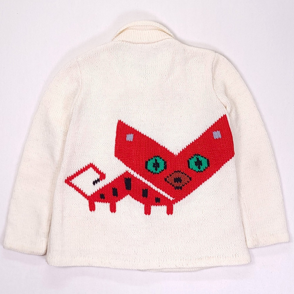 Handmade Vintage Abstract Cat Intarsia Knit Cardigan Sweater Cream Large‎ OOAK
